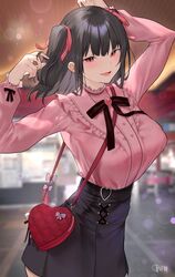  arms_up bag black_hair black_skirt blurry blurry_background breasts commentary_request depth_of_field female hair_ribbon heart-shaped_bag highres indoors karinto_yamada long_sleeves looking_at_viewer medium_breasts original pink_shirt red_eyes red_ribbon ribbon shirt shoulder_bag skirt solo two_side_up 