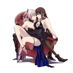  2girls absurdres anniversary armchair bare_shoulders black_dress black_footwear black_gloves blue_eyes boots breasts brown_dress brown_eyes brown_gloves brown_hair brown_pantyhose chair cleavage closed_mouth collarbone dress full_body girls&#039;_frontline gloves hair_ornament hairclip hand_in_another&#039;s_hair hand_on_another&#039;s_ass high_heel_boots high_heels highres legs long_hair looking_at_another m4a1_(girls&#039;_frontline) m4a1_(suspender_of_time)_(girls&#039;_frontline) medium_breasts multicolored_hair multiple_girls official_alternate_costume pantyhose pink_hair redaiba sitting sitting_on_person small_breasts st_ar-15_(girls&#039;_frontline) st_ar-15_(prisoner_of_the_dream)_(girls&#039;_frontline) streaked_hair thighs white_background yuri 