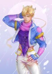  1boy adapted_costume battle_tendency blonde_hair blue_jacket caesar_anthonio_zeppeli facial_mark feather_hair_ornament feathers fingerless_gloves gloves green_eyes groin hair_ornament hand_on_own_hip hand_on_own_neck headband highleg highleg_leotard homil22 jacket jojo_no_kimyou_na_bouken korean_commentary leotard male_focus official_alternate_costume pants solo triangle_print white_pants 