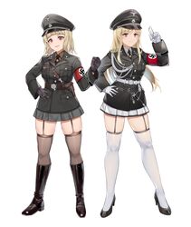  2girls absurdres aiguillette armband belt black_footwear black_gloves black_headwear blonde_hair boots commission dagger full_body garter_straps gloves hat high_heels highres knife long_hair long_sleeves microskirt military military_uniform multiple_girls nazi original peaked_cap pixiv_commission pleated_skirt red_eyes short_hair skindentation skirt standing swastika thighhighs thighhighs_under_boots totenkopf unicron_(brous) uniform waffen-ss weapon white_belt white_gloves white_skirt white_thighhighs world_war_ii 