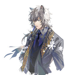  1boy animal_ears aokiku arknights bangs coat hair_between_eyes leopard_boy leopard_ears necktie scarf shirt short_hair silver_eyes silver_hair silverash_(arknights) simple_background snow_leopard solo upper_body vest white_background 