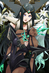  2girls bare_shoulders black_dress black_hair blue_eyes breasts closed_eyes closed_mouth collarbone commentary cowboy_shot dark-skinned_female dark_skin dress earrings english_commentary flower grey_background highres hiyari_(hiyarilol) holding_person irelia jewelry karma_(league_of_legends) large_breasts league_of_legends long_hair multiple_girls ruined_(league_of_legends) ruined_karma sentinel_(league_of_legends) sentinel_irelia simple_background unconscious white_dress white_flower white_hair 