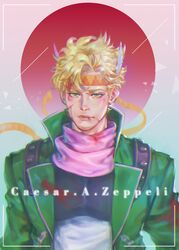  1boy absurdres battle_tendency blonde_hair blood blood_on_face caesar_anthonio_zeppeli character_name chest_protector facial_mark feather_hair_ornament feathers fingerless_gloves gloves green_eyes green_jacket hair_ornament headband highres homil22 jacket jojo_no_kimyou_na_bouken korean_commentary male_focus open_clothes open_jacket pink_scarf realistic scarf solo triangle_print upper_body 