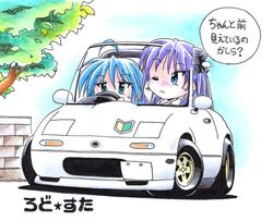  2girls ahoge blue_eyes blue_hair car commentary convertible driving hair_ribbon hiiragi_kagami izumi_konata long_hair lucky_star mazda mazda_mx-5 mazda_mx-5_na motor_vehicle multiple_girls norio_(459factory) one_eye_closed purple_hair ribbon shoshinsha_mark sports_car translated twintails vehicle_focus 