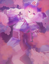  bad_id bad_pixiv_id blue_kimono blurry breasts cherry_blossoms commentary_request depth_of_field feet_out_of_frame female hair_between_eyes hat highres japanese_clothes karamaru626 kimono light_smile looking_at_viewer mob_cap pink_eyes pink_hair saigyouji_yuyuko small_breasts solo touhou 