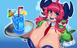  ahoge between_breasts blue_eyes blue_leotard blue_tongue breasts cleavage colored_skin colored_tongue cup dragon_girl dragon_horns dragon_tail drinking_glass drinking_straw eigaka female food fruit green_skin hair_intakes hand_on_own_hip holding holding_tray horns ice ice_cube large_breasts lemon lemon_slice leotard lips looking_at_viewer monster_girl multicolored_skin necktie necktie_between_breasts nina_(eigaka) open_mouth original pink_hair pointy_ears red_necktie short_hair short_hair_with_long_locks sidelocks smile solo tail teeth tray wrist_cuffs 