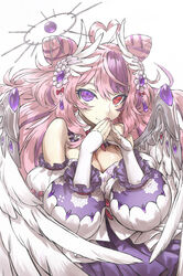  ahoge angel angel_wings bare_shoulders breasts bridal_gauntlets cleavage closed_mouth collar detached_collar detached_sleeves double_bun dress female frilled_collar frilled_dress frills gem gloves hair_between_eyes hair_bun hair_ornament halo haraya_manawari heart heart_ahoge heterochromia highres ironmouse ironmouse_(fallen_angel) jewelry large_breasts looking_at_viewer multicolored_hair nail_polish official_alternate_costume own_hands_together pink_hair puffy_sleeves purple_dress purple_eyes purple_hair red_eyes signature simple_background smile solo steepled_fingers two-tone_dress two-tone_hair upper_body virtual_youtuber vshojo white_background white_dress white_gloves wing_armor wing_hair_ornament wings 