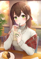  absurdres blush brown_hair chair closed_mouth coffee cup disposable_cup doughnut drink drinking drinking_straw drinking_straw_in_mouth female food french_cruller green_eyes hair_between_eyes hair_ornament hairclip highres indoors long_sleeves looking_at_viewer medium_hair original pastry plaid plaid_scarf plant plate scarf shirt sitting solo sweater table turtleneck turtleneck_sweater upper_body white_shirt window yukiunag1 