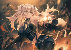  absurdres animal_ears armpits breasts cleavage commentary dual_wielding dust_cloud ear_piercing english_commentary female fire firing grey_hair gun h&amp;k_mp7 highres holding hololive large_breasts lion_ears lion_girl lion_tail long_hair mazel_(mazel_star) midriff muzzle_flash navel off_shoulder piercing see-through see-through_cleavage shell_casing shishiro_botan shishiro_botan_(1st_costume) solo submachine_gun tail two_side_up virtual_youtuber weapon 