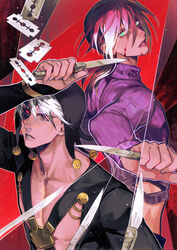  2boys black_coat black_headwear black_sclera blood blood_on_face chest_harness coat collarbone colored_sclera green_eyes harness hat hat_bobbles highres holding holding_knife holding_weapon jojo_no_kimyou_na_bouken knife long_hair looking_at_viewer male_focus multiple_boys nanatoki parted_lips pink_hair purple_sweater razor_blade red_eyes risotto_nero sweater toned toned_male upper_body vento_aureo vinegar_doppio weapon 