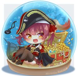  :d black_thighhighs blush brown_eyes bubble character_name chibi coin commentary_request diamond_(gemstone) dokuro-kun_(houshou_marine) eyepatch female full_body gem gold_coin hat highres hololive houshou_marine houshou_marine_(1st_costume) in_container jewelry long_hair looking_at_viewer mihanada_kanata necklace oerba_yun_fang open_mouth pearl_(gemstone) pearl_necklace pirate_hat red_hair shadow shell ship sitting skin_fang skull sleeves_past_fingers sleeves_past_wrists smile snow_globe solo starfish thighhighs treasure_chest twintails unworn_eyepatch virtual_youtuber watercraft 