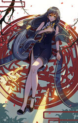  :d absurdres bare_shoulders black_footwear blue_dress blue_eyes blue_hair branch china_dress chinese_clothes cleavage_cutout clothing_cutout dress female fu_hua fu_hua_(blue_swallow) fu_hua_(valkyrie_accipiter) full_body grey_hair hair_between_eyes highres honkai_(series) honkai_impact_3rd long_hair long_legs looking_at_viewer low-tied_long_hair low_ponytail lying official_alternate_costume on_back open_mouth petals ponytail qwerggthankyou shadow shoes sleeveless smile solo thighs 