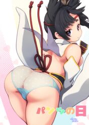  ass black_hair blue_eyes blue_panties breasts detached_sleeves deto fate/grand_order fate_(series) female hair_ornament hat highres long_hair looking_at_viewer panties sideboob sidelocks solo underwear ushiwakamaru_(fate) very_long_hair wide_sleeves 