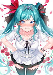  &gt;:( annoyed aqua_hair black_thighhighs blue_eyes blush breasts cleavage closed_mouth collarbone commentary dress embarrassed female flower from_above frown hands_on_own_hips hatsune_miku highres inue_ao long_hair looking_at_viewer md5_mismatch medium_breasts petals rose short_sleeves sidelocks simple_background solo supreme_(module) swept_bangs thighhighs tiara twintails v-shaped_eyebrows very_long_hair vocaloid world_is_mine_(vocaloid) wristband zettai_ryouiki 