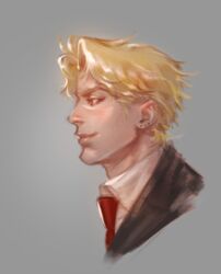  1boy birthmark blonde_hair dio_brando ear_birthmark formal homil22 jojo_no_kimyou_na_bouken korean_commentary male_focus necktie phantom_blood portrait profile red_eyes smile solo suit 