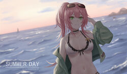  bad_id bad_pixiv_id bikini breasts eyewear_on_head female front-tie_bikini_top front-tie_top girls&#039;_frontline green_eyes highres medium_breasts ocean official_alternate_costume outdoors pink_hair ponytail r93_(girls&#039;_frontline) r93_(holiday_lucky_star)_(girls&#039;_frontline) selcky sidelocks solo sunglasses swimsuit upper_body waves white_bikini 