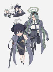  2girls black_dress black_footwear black_gloves black_hair blue_archive blush boots breasts briefcase butterfly_hair_ornament china_dress chinese_clothes coat coat_on_shoulders cs/ls06 double_bun dragon_print dress eyewear_on_head gloves green_hair grey_background grey_eyes gun hair_bun hair_ornament hair_over_one_eye halo high-waist_pants highres holding holding_briefcase kazu_no_reason kisaki_(blue_archive) long_hair long_sleeves magazine_(weapon) mahjong medium_breasts mina_(blue_archive) multiple_girls multiple_views open_clothes open_coat open_mouth pants parted_lips print_dress red_eyes shirt shirt_tucked_in simple_background small_breasts striped striped_coat submachine_gun sunglasses translation_request twintails weapon white_shirt 