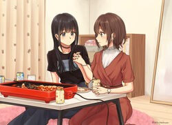  2girls artist_name beer_can black_hair black_shirt blue_eyes blunt_bangs bookshelf bracelet breasts brown_hair can choker chopsticks closed_mouth collarbone commentary_request commission cooking couple cup drink_can earrings expressionless fingernails green_eyes green_nails griddle grilling highres holding_hands interlocked_fingers jewelry kirin_(beer) kirin_(company) long_hair mirror multiple_girls open_mouth original pink_rug pixiv_commission plate ring rug setu_kurokawa shirt short_hair sitting spatula t-shirt table twitter_username watch wristwatch yuri 