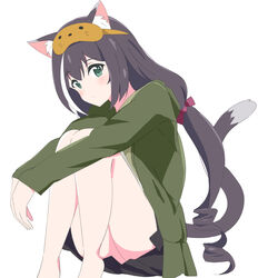  animal_ear_fluff animal_ears bare_legs black_hair blush cat_ears cat_girl cat_tail female green_eyes green_jacket green_shirt hair_between_eyes hugging_own_legs jacket karyl_(princess_connect!) karyl_(real)_(princess_connect!) knees_up kuroha_uma long_hair long_sleeves looking_at_viewer mask mask_on_head multicolored_hair princess_connect! shirt simple_background sitting sleep_mask solo streaked_hair tail white_background 