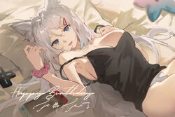  animal_ear_fluff animal_ears bed_sheet blue_eyes blue_hair breasts camisole cleavage commentary dress female gradient_hair grey_hair happy_birthday highres large_breasts looking_at_viewer lying meridian_project mizuki_(vtuber) multicolored_hair nintendo_switch on_back on_bed pillow scrunchie solo strap_slip tsuiru virtual_youtuber white_dress wrist_scrunchie 