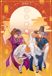  2boys adjusting_clothes adjusting_headwear battle_tendency blonde_hair brown_hair caesar_anthonio_zeppeli facial_mark gat_(korean_traditional_hat) green_eyes hanbok homil22 jojo_no_kimyou_na_bouken joseph_joestar joseph_joestar_(young) jumping korean_clothes korean_commentary korean_new_year male_focus multiple_boys new_year one_eye_closed pointing pointing_up wide_sleeves 