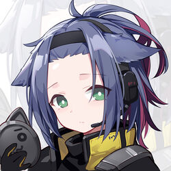  alternate_costume alternate_hairstyle animal_ears arknights bangs_pinned_back black_gloves blue_hair chinese_commentary coat commentary_request female forehead frown gloves green_eyes hairband headphones holding jessica_(arknights) jessica_(iron_block)_(arknights) long_hair looking_at_viewer multicolored_hair official_alternate_costume photoshop_(medium) ponytail portrait quan_(kurisu_tina) solo two-tone_hair zoom_layer 