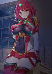  armor black_gloves blush breasts closed_mouth covered_navel earrings female fingerless_gloves gloves glowing impossible_clothes indoors jewelry large_breasts night noeomi pyra_(xenoblade) red_eyes red_hair red_shorts red_thighhighs short_hair short_shorts shorts shoulder_armor skin_tight skindentation smile solo swept_bangs table thighhighs tiara window xenoblade_chronicles_(series) xenoblade_chronicles_2 