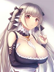  azur_lane bare_shoulders between_breasts black_bow black_dress blush bow breasts cleavage closed_mouth clothing_cutout collarbone commentary_request detached_collar dress earrings fal_(fal-se-0) female formidable_(azur_lane) frilled_dress frills grey_hair hairbow jewelry large_breasts long_hair long_sleeves looking_at_viewer partial_commentary red_eyes shoulder_cutout solo twintails upper_body very_long_hair 