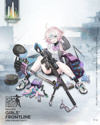  ahoge aqua_eyes backpack bad_link bag bike_shorts bike_shorts_under_skirt black_shorts blazer blush bow bowtie brand_name_imitation candy candy_bar candy_wrapper character_name colored_shoe_soles copyright_name female food full_body girls&#039;_frontline grey_jacket grey_skirt gun hair_ornament hairclip hand_in_own_hair hand_on_floor highres holding holding_gun holding_weapon jacket kick_scooter long_hair long_sleeves looking_at_viewer official_art on_floor one_eye_closed open_mouth pink_hair promotional_art purple_bag purple_bow purple_bowtie rifle school_uniform shirt shoes shorts simple_background skirt smile sneakers snickers_(brand) sniper_rifle socks solo spread_legs swav sweatdrop tf-q_(girls&#039;_frontline) weapon white_footwear white_shirt wrapped_candy 