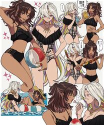  2girls absurdres aoi_(yooo009) ball beachball bikini black_bikini black_one-piece_swimsuit blonde_hair blush bon_(vtuber) breasts brown_eyes brown_hair casual_one-piece_swimsuit cleavage closed_eyes closed_mouth commission dangle_earrings dark-skinned_female dark_skin earrings frilled_bikini frilled_one-piece_swimsuit frills green_hair grey_hair hair_over_one_eye hat highres holding holding_ball holding_beachball holding_spoon indie_virtual_youtuber innertube jewelry long_hair medium_breasts medium_hair multicolored_hair multiple_girls navel nebu_(vtuber) necklace oerba_yun_fang off-shoulder_one-piece_swimsuit off_shoulder one-piece_swimsuit open_mouth pink_hair purple_hair red_eyes red_hair second-party_source skeb_commission smile speech_bubble spoon streaked_hair sun_hat swim_ring swimsuit translation_request virtual_youtuber 