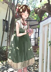  black_cat brown_eyes brown_hair camera day dress feline female green_dress hair_bun hair_ribbon holding holding_camera idolmaster idolmaster_cinderella_girls matsutani open_mouth outdoors red_shirt ribbon shirt sidelocks single_hair_bun solo stone_walkway takamori_aiko tree 