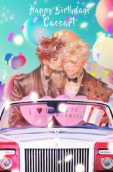  2boys balloon battle_tendency blonde_hair blue_eyes blurry bow bowtie brown_hair caesar_anthonio_zeppeli car confetti depth_of_field facial_mark formal gift green_eyes homil22 jojo_no_kimyou_na_bouken joseph_joestar joseph_joestar_(young) kissing kissing_cheek male_focus motor_vehicle multiple_boys one_eye_closed ranguage realistic stuffed_animal stuffed_toy suit teddy_bear tuxedo wedding yaoi 