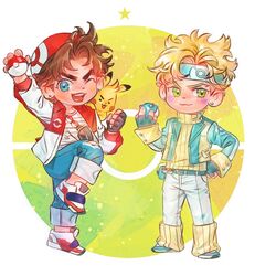  2boys battle_tendency blonde_hair blue_eyes brown_hair caesar_anthonio_zeppeli chibi commentary_request crossover denim green_eyes headband holding holding_poke_ball homil22 jacket jeans jojo_no_kimyou_na_bouken joseph_joestar joseph_joestar_(young) korean_commentary leg_warmers male_focus multiple_boys one_eye_closed pants pikachu poke_ball poke_ball_(basic) poke_ball_print pokemon pokemon_(creature) ribbed_sweater ribbon shoes sneakers sweater torn_clothes torn_jeans torn_pants turtleneck 