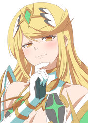  blonde_hair breasts circlet cleavage cleavage_cutout closed_mouth clothing_cutout dress elbow_gloves female gloves hand_up kageyasu looking_at_viewer mythra_(xenoblade) simple_background smile smug solo swept_bangs upper_body white_background white_dress white_gloves xenoblade_chronicles_(series) xenoblade_chronicles_2 yellow_eyes 