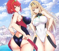  2girls adjusting_clothes adjusting_swimsuit ass ass_visible_through_thighs back back_cutout bare_shoulders black_one-piece_swimsuit blue_sky blush breasts closed_mouth clothing_cutout cloud colored_stripes commentary_request covered_collarbone covered_navel cowboy_shot curvy day diagonal_stripes dutch_angle earrings from_behind gem gradient_hair green_gemstone groin halterneck highres jewelry large_breasts legs_together light_brown_hair light_smile long_hair looking_at_viewer multicolored_hair multiple_girls mythra_(radiant_beach)_(xenoblade) mythra_(xenoblade) noeomi one-piece_swimsuit outdoors pyra_(pro_swimmer)_(xenoblade) pyra_(xenoblade) raised_eyebrows red_eyes red_hair rock short_hair sidelocks sky smile standing straight_hair strap striped_clothes striped_one-piece_swimsuit swept_bangs swimsuit thick_thighs thighs tiara turtleneck twisted_torso very_long_hair water white_one-piece_swimsuit wide_hips xenoblade_chronicles_(series) xenoblade_chronicles_2 yellow_eyes 