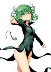  bent_spoon black_dress breasts commentary_request cowboy_shot curly_hair dress female flipped_hair floating floating_clothes floating_object green_eyes green_hair haruhisky highres levitation no_panties one-punch_man petite psychic side_slit simple_background small_breasts solo spoon spoon_bending standing tatsumaki telekinesis white_background 