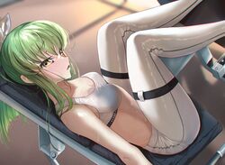  absurdres alternate_costume alternate_hairstyle bare_shoulders blurry blurry_background blush breasts budgiepon c.c. cleavage code_geass collarbone commentary curvy dutch_angle english_commentary exhausted eyelashes feet_out_of_frame female from_side furrowed_brow green_hair gym hair_between_eyes hair_over_shoulder hair_ribbon highres indoors knees_together_feet_apart knees_up leg_press_machine long_hair looking_at_viewer medium_breasts open_mouth pants ponytail profile ribbon shiny_clothes sidelocks sitting solo sports_bra sportswear straight_hair sweat thigh_strap underwear wet wet_clothes white_pants white_ribbon white_sports_bra yellow_eyes 