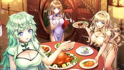  3girls bare_arms blonde_hair blue_eyes breasts china_dress chinese_clothes cleavage dolphin_wave dress food green_hair highres holding holding_tray kirahoshi_kanna large_breasts meat medium_breasts multiple_girls official_art ootomo_takuji open_mouth pelvic_curtain purple_eyes round_table selena_lewis suminoe_shion table traditional_clothes tray turkey_(food) 