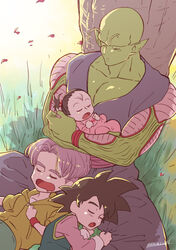  3boys baby black_hair closed_eyes colored_skin dragon_ball dragon_ball_super dragon_ball_z female green_skin holding_baby lolicon lying maddy multiple_boys open_mouth pan_(dragon_ball) pectoral_cleavage pectorals piccolo pointy_ears purple_hair sitting sleeping son_goten tree trunks_(dragon_ball) 