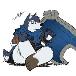  1:1 2019 anthro armello armor barefoot biped canid canine canis clothed clothing ears_up feet female fluffy fully_clothed fur grey_body grey_fur hi_res league_of_geeks magna_(armello) mammal scottyartz shield simple_background sitting solo thick_thighs white_body white_fur wolf 