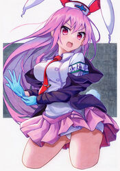  adjusting_clothes adjusting_gloves alternate_hair_color animal_ears armband blue_gloves blush breasts carrot_pin commentary_request cropped_legs cross female gloves hat highres kittona large_breasts long_hair long_sleeves looking_at_viewer miniskirt necktie nurse_cap open_mouth panties pink_hair pink_skirt plastic_gloves pleated_skirt rabbit_ears rabbit_tail red_armband red_eyes red_necktie reisen_udongein_inaba shirt skirt solo standing tail thighs tie_clip touhou traditional_media underwear v-shaped_eyebrows watercolor_pencil_(medium) zipper zipper_pull_tab 