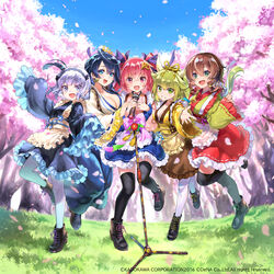  5girls album_cover apron blonde_hair blue_dress blue_eyes blue_hair brown_hair cherry_blossoms cover cow_horns dress earrings falling_petals frilled_apron frilled_dress frills fukube goou_yoshimitsu grass green_dress green_eyes hair_ornament hair_stick hairband hand_up highres holding holding_microphone horns jewelry jouizumi_masamune jumping kogarasumaru_(tenka_hyakken) kuwana_gou_(tenka_hyakken) light_purple_hair low-tied_sidelocks microphone microphone_stand multiple_girls nanaka_(tenka_hyakken) official_art outdoors outstretched_arm petals purple_eyes red_dress red_eyes red_hair shoes sleeves_past_wrists smile standing standing_on_one_leg tenka_hyakken thighhighs two_side_up wide_sleeves yellow_dress yellow_eyes 