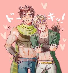  2boys abs battle_tendency blonde_hair blush brown_hair caesar_anthonio_zeppeli crop_top crossed_arms facial_mark feather_hair_ornament feathers fingerless_gloves gloves green_eyes green_scarf groin hair_ornament headband homil22 jojo_no_kimyou_na_bouken joseph_joestar joseph_joestar_(young) korean_commentary leaning_on_person long_coat male_focus midriff multiple_boys navel scarf striped_clothes striped_scarf sweatdrop triangle_print 