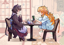  2girls absurdres amazon_(company) animal_ears black_collar box brown_kimono can cardboard_box casual ceiling_light chips_(food) chopsticks closed_eyes collar dog_ears dog_girl dog_tail energy_drink food from_side highres holding holding_can indoors inui_toko japanese_clothes kimono laughing long_hair low_twintails maid maid_headdress messy_hair messy_room monster_energy multiple_girls nijisanji orange_hair otogibara_era pillow potato_chips profile shouji sitting sliding_doors spoon_(tamakakama) table tail tatami teapot twintails virtual_youtuber wa_maid wooden_floor 