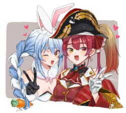  2girls animal_ear_fluff animal_ears blue_hair blush braid breasts carrot_hair_ornament dakuryuu don-chan_(usada_pekora) food-themed_hair_ornament gloves hair_ornament hair_ribbon hat heterochromia hololive houshou_marine houshou_marine_(1st_costume) large_breasts long_hair looking_at_viewer multicolored_hair multiple_girls one_eye_closed open_mouth rabbit_ears red_eyes red_hair ribbon smile twin_braids twintails two-tone_hair usada_pekora usada_pekora_(1st_costume) v virtual_youtuber white_hair yellow_eyes 