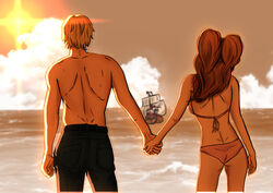  1boy arm_at_side back bikini black_pants blonde_hair brown_hair charlotte_pudding cloud commentary english_commentary female from_behind holding holding_hands long_hair ocean one_piece outdoors pants rinuchiha11 sanji_(one_piece) ship short_hair sky standing sun sunset swimsuit thousand_sunny topless_male twintails water watercraft 