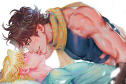  2boys bare_shoulders battle_tendency biceps blonde_hair blue_eyes brown_hair caesar_anthonio_zeppeli face-to-face facial_mark homil22 imminent_kiss jojo_no_kimyou_na_bouken joseph_joestar joseph_joestar_(young) korean_commentary lying male_focus messy_hair multicolored_clothes multicolored_scarf multiple_boys muscular muscular_male no_headwear on_back orange_scarf realistic scarf shirt striped_clothes striped_scarf t-shirt yaoi yellow_scarf 