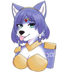  absurd_res anthro blue_body blue_fur braided_hair brassiere canid canine clothing female fox fur fur_markings hair headgear headwear hi_res jewelry krystal_(star_fox) mammal markings necklace nintendo simple_background star_fox sunriseuwu tongue tongue_out 