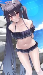  animal_ear_fluff animal_ears arms_behind_back bad_id bad_twitter_id bare_shoulders bikini black_bikini black_hair blue_archive blue_ribbon blue_sky cat_ears cloud day dutch_angle extra_ears female frilled_bikini frills hair_ribbon halo halterneck highres long_hair looking_at_viewer navel ocean off-shoulder_bikini off_shoulder official_alternate_costume outdoors pomp_(qhtjd0120) ribbon rock serika_(blue_archive) serika_(swimsuit)_(blue_archive) sidelocks sky solo stomach swimsuit thighs twintails v-shaped_eyebrows very_long_hair water wet 