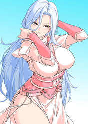  absurdres bare_legs blue_hair breasts dress earrings female fish.boy gradient_background hand_in_own_hair highres jewelry large_breasts long_hair open_mouth phantom_blade_(game) sash solo tang_bing_(phantom_blade) teeth thighs upper_body white_dress 